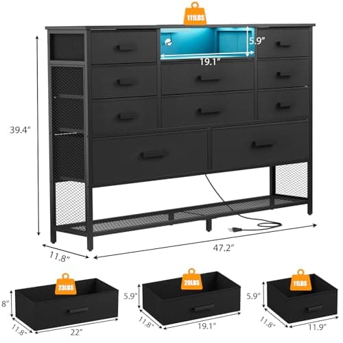 Harpaq Black Dresser for Bedroom with 10 Drawers, Chest of Drawers with Charging Station, TV Stand Storage with LED Light for 55" TV, Fabric Drawers with PU Finish, Dresser with Shelves for Closet 3