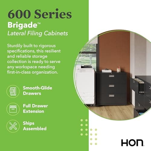 HON 3 Drawer Lateral File Cabinet with Lock, Metal Filing Cabinets for Offices, Adjustable Hangrails for A4, Legal, Letter Files, 18" Deep, Black 3
