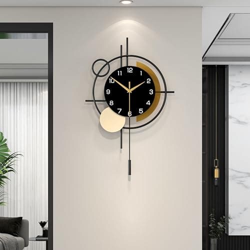 YIJIDECOR Wall Clock for Living Room Decor Decorative Wall Clock with Pendulum Silent Quartz Battery Operated Black Metal Large Clock for Dining Room,Kitchen,Home,Bathroom,Bedroom,13.8x21.3 in