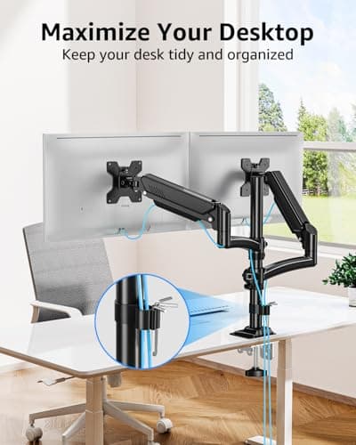 Dual Monitor Stand Holds 4.4-22 lbs Each, Dual Monitor Arm for 2 Monitors, Height Adjustable Computer Desk Mount for Max 32 inch Screens, VESA Mount with C-clamp & Grommet Base, Freelift Black 9