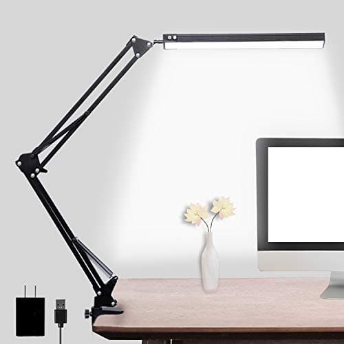 Argind LED Desk Lamp, Adjustable Swing Arm Lamp with Clamp, Eye-Caring Reading Desk Light, 10 Brightness Levels, 3 Lighting Modes, Memory Function Desk Lamps for Home Office with Adapter (Black)