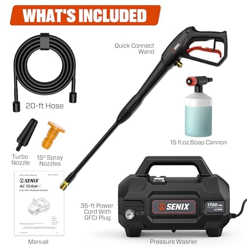 SENIX 13 Amp Electric Pressure Washer - 1700 PSI, 1.2 GPM, Compact with Foam Cannon, Spray Gun, 20-ft Hose, Turbo Nozzle, and 15° Spray Nozzles - Perfect for Cars and Driveways (HPWE13-L) 5
