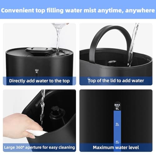 5L Humidifiers for Bedroom Large Room Home, Cool and Warm Humidifier for Plants Mist Top Fill Desk Humidifier Essential Oil Diffuser, Quiet Humidifiers with Adjustable Mist,360°Nozzle-Black 6
