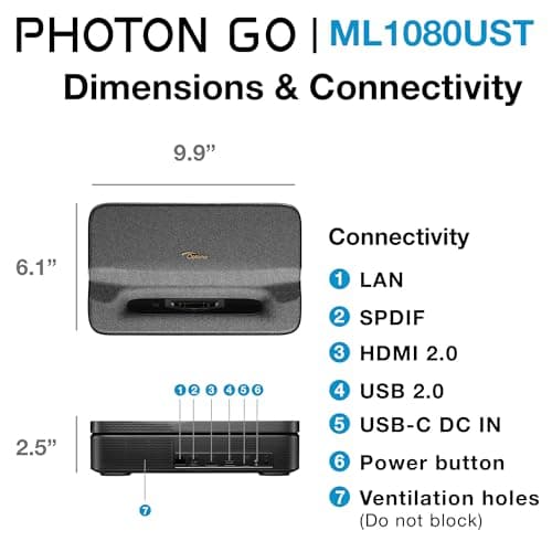 Optoma ML1080UST PHOTON GO Ultra Short Throw 1080p HDR10 Portable Projector, Triple Laser (RGB), Onboard Google TV with Netflix and Disney+ Certified, Built-in Battery, Wi-Fi & Bluetooth 10
