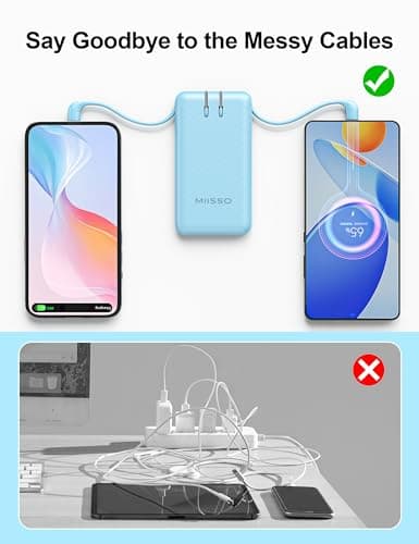 miisso Ultra Slim 10000mAh Power Bank Built-in Cables and Foldable AC Wall Plug, Pocket Size USB C Portable Charger, External Battery Pack Compatible with iPhone Samsung, Blue 8