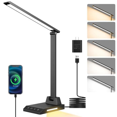 ShineTech LED Desk Lamp with USB-C Charging Port, Dimmable Desk Lamp for Home Office, Eye-Caring Reading Lamp with 25 Lighting Modes, Small Desk Light for Bedroom Nightstand with Adapter