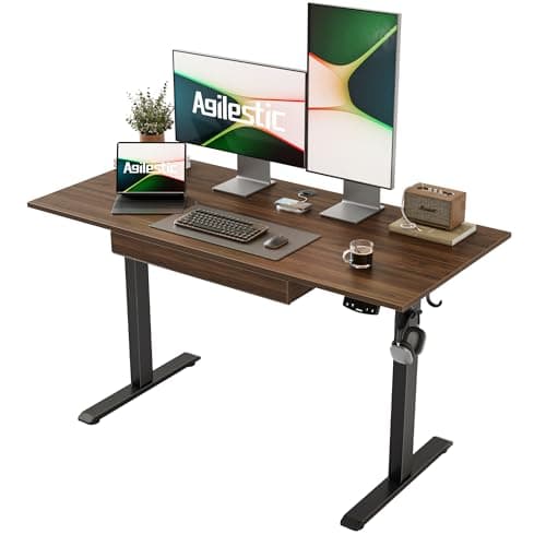 Agilestic Adjustable Height Electric Standing Desk with Storage Wooden Drawer, 48 x 24 Inches Stand Up Home Office Computer Gaming Table with Splice Board for Work Office Home, Dark Walnut
