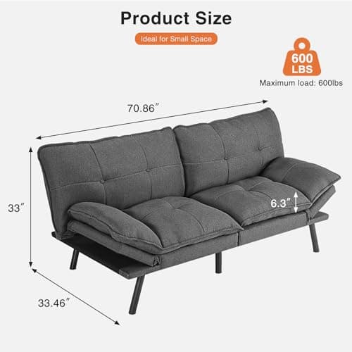 Sweetcrispy Sofa Couch - Futon Sofa Bed, Full Size Futon, Sofa Sleeper, Modern Convertible Lazy Futon for Living Room, Small Space, Apartment Office, Grey, 6022GY 2