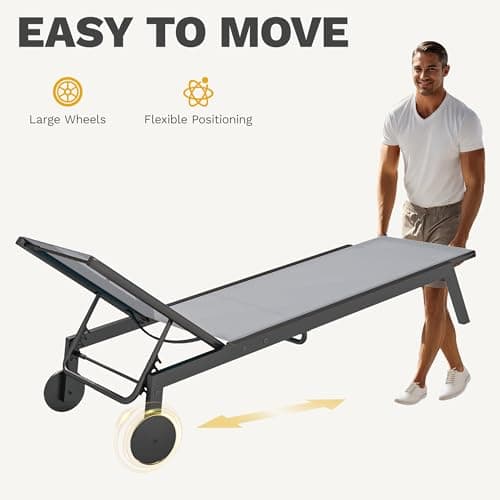 DWVO Outdoor Chaise Lounge Set, 2 Patio Chaise Lounge Chairs with Side Table, Textile Pool Loungers with 5-Level Backrest and Wheels for Beach, Lawn, Porch, Garden (Grey) 6