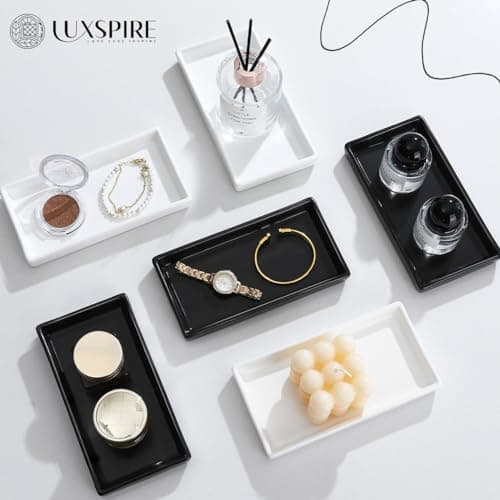 Luxspire Bathroom Vanity Tray, Mini Soap Dispenser, Small Ceramic Perfume and Jewelry Dish, Trinket Holder, Rectangle Candle Tray, Bath Organizer Kitchen Sink Narrow Dish, White 6
