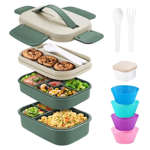 QQKO Bento Box Adult Lunch Box, 3 Stackable Bento Lunch Containers for Adults, Bento Box for Kids, 1900 ML Food Containers, Leak-Proof, Microwave, Dishwasher Safe, Green