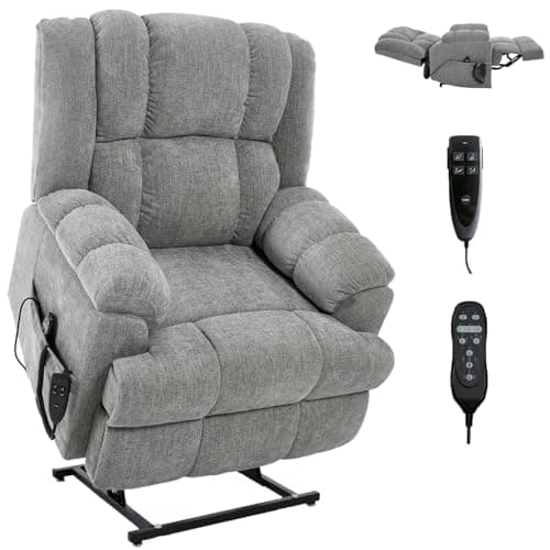 Sicilyforny Power Lift Recliner for Elderly, Dual Motor Heat Massage Electric Chair with Remote, 350lb Capacity (Chenille,Light Grey)