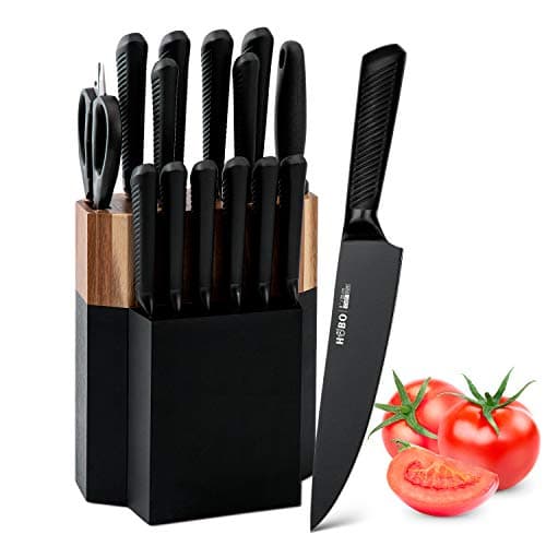 Knife Block Set, 15 Piece Kitchen Knife Set with 6 Steak Knife Set with Sharpener Chef Knife High German Carbon Stainless Steel Knife with Wooden Block Bread Knife Boxed