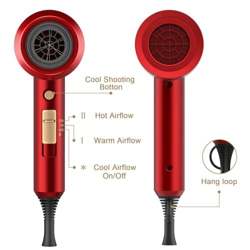 Slopehill Professional Ionic Hair Dryer, Powerful 1800W Fast Drying Low Noise Blow Dryer with 2 Concentrator Nozzle 1 Diffuser Attachments for Home Salon Travel (Agate Red) 4