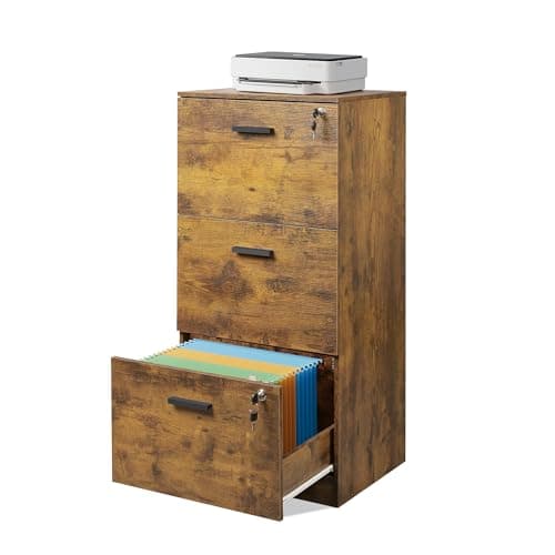 DEVAISE 3 Drawer File Cabinet with Lock, Vertical Wood Filing Cabinet for Home Office, Printer Stand for Letter and A4 Size, Rustic Brown
