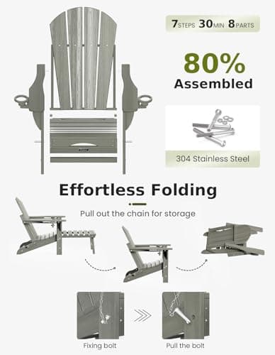 Ciokea Folding Adirondack Chair with Retractable Ottoman Fire Pit Patio Chair with Pull Out Foot Rest Weather Resistant Lawn Outdoor Lounge Chair with 3 Cup Holder(Smoke Grey) 7