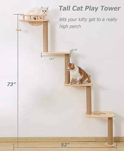 Cat Tree Wall Mounted with 4 Levels Shelves, 73" Wood Corner Tower Inside Kitten Scratching Post for Climbing,Perching and Lounging (Right to Left) 5