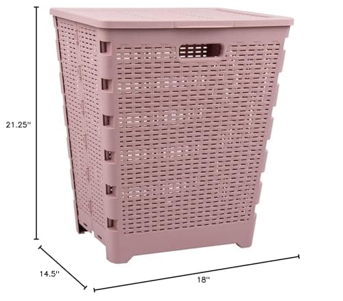 Mind Reader 61L Foldable Laundry Hamper, Clothes Basket, Lid, Wicker Design, Plastic, 18"L x 14.5"W x 21.25"H, Pink 9