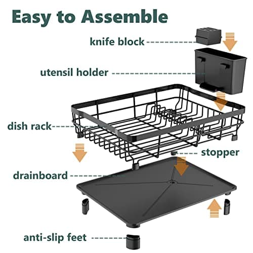 AIDERLY Iron Dish Drying Rack with Drainboard Dish Drainers for Kitchen Counter Extendable Spout Strainers with Utensil Holder and Knife Slots, Black 5