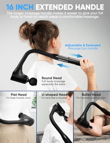 Massage Gun Deep Tissue - Back Massager for Pain Relief Deep Tissue with Extended Handle, 12MM Percussion Less-Shock Neck/Foot/Leg/Shoulder Massager, Infinitely Adjustable Speed & 4 Replaceable Heads 6