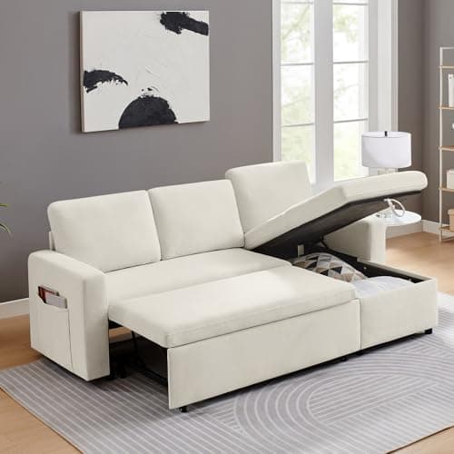 85’’ Sofa Bed, 2 in 1 Sleeper Sofa with Multiple Storage Spaces and Detachable Chenille Cover, Easy to Assemble, Comfy Futon Pull Out Couch for Living Room/Office/Apartment (Beige)