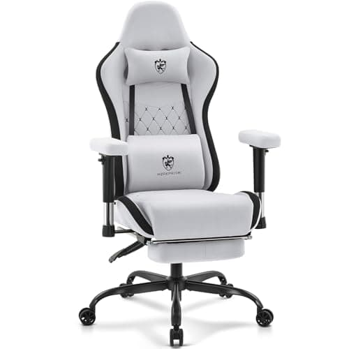 Morkprism Gaming Chair Breathable Fabric,Computer Office Chair with Footrest,Massage Lumbar Support and Gel Pad,Ergonomic Reclining Gamer Chair with Adjustable Armrests and Spring Cushion Grey Black