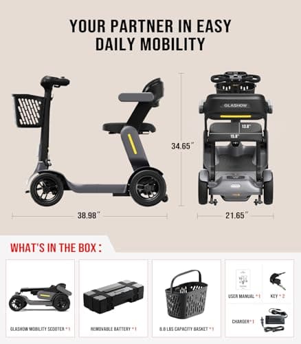 Foldable Mobility Scooter - Electric Scooter with Seat for Adults - Wheelchair Alternative - 25 Miles on 1 Charge, Enhanced Safety, Lightweight for Travel, LED, Basket, Charger Included 8