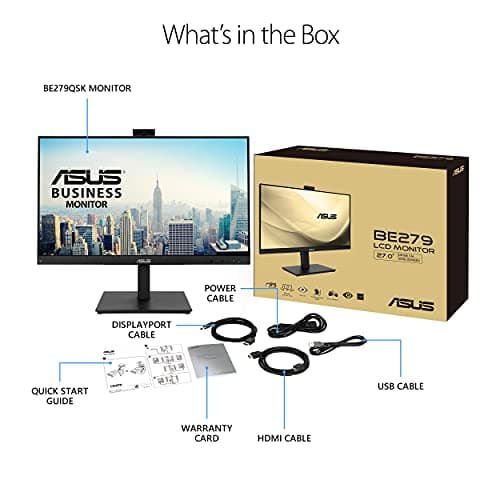 ASUS 27” 1080P Video Conference Monitor (BE279QSK) - Full HD, IPS, Built-in Adjustable 2MP Webcam, Mic Array, Speakers, Eye Care, Wall Mountable, Frameless, HDMI, DisplayPort, VGA, Height Adjustable 7