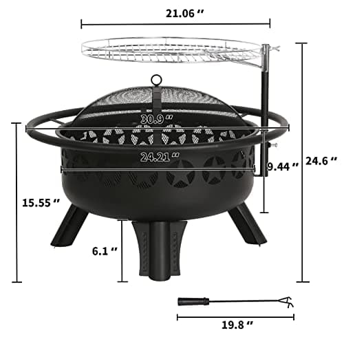 Hykolity 2 in 1 Fire Pit with Grill, Large 31" Wood Burning Fire Pit with Swivel Cooking Grate Outdoor Firepit for Backyard Bonfire Patio Outside Picnic BBQ, with Spark Cover, Fire Poker 5