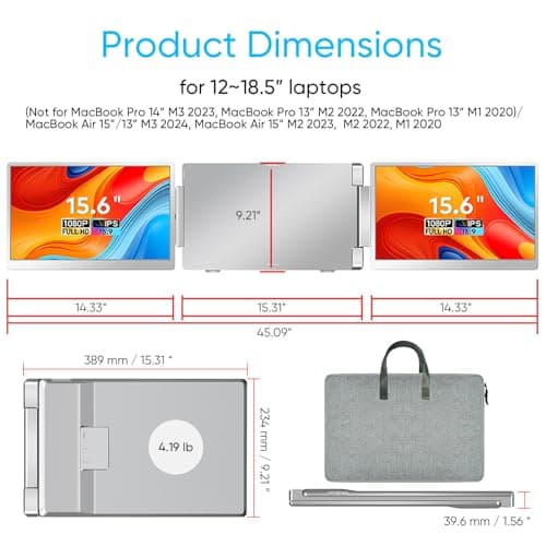 LXU Laptop Screen Extender, 15.6" FHD 1080P IPS Laptop Monitor Extender Triple Screens, Portable Monitor for Laptops 12~17.3 inch, Plug n Play Extended Monitor for MacBooks(NOT M1 M2 M3)/Windows 14