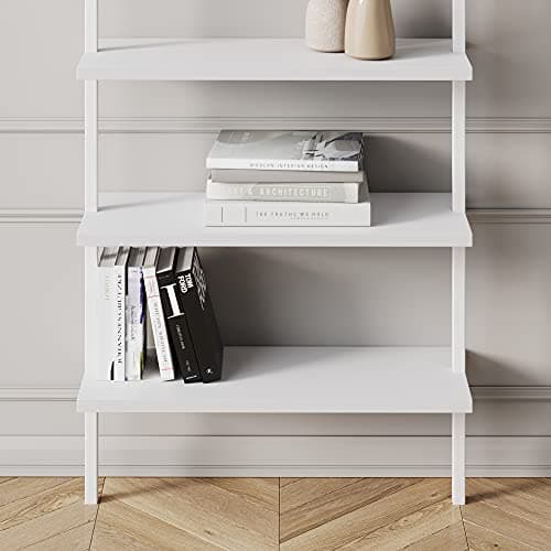 Nathan James Theo 6-Shelf Tall Modern Bookshelf, Wall Mount Ladder Shelf Bookcase with Wood and Industrial Metal Frame, Matte White 7