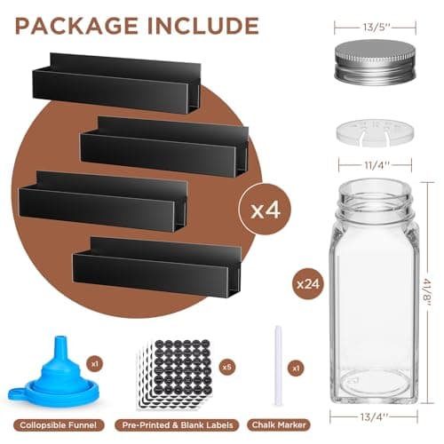 Agotglmi 4 Pack Magnetic Spice Rack with 24 Spice Jars, Spice Labels, Chalk Marker and Funnel Set, Magnetic Spice Organizer Shelf for Refrigerator, Microwave, Seasoning Organizer for Kitchen 7