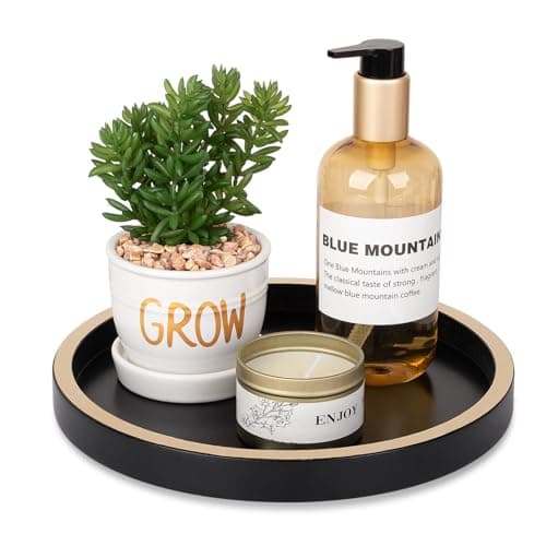 Bathroom Counter Tray Wooden Decorative Tray Round Perfume Organizer Kitchen Soap Organizer Vanity Storage for Candle, Sink, Home Decor, 9 Inch, Black