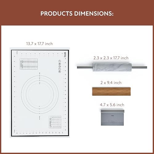 Fistukit White Marble Rolling Pin with Stainless Steel Handles Baking Set - Silicone Baking Mat, Bench Scraper, Wooden Base 6