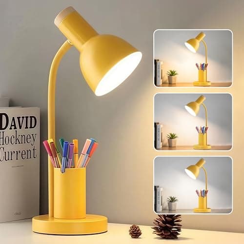 DSYHYL LED Desk Lamp for Home Office, Table Lamp with Pen Holder, 3 Color Modes Reading Light, Eye-Caring Desk Light with Gooseneck, Metal Study Lamp for Dorm Bedside Bedroom (Yellow lamp)