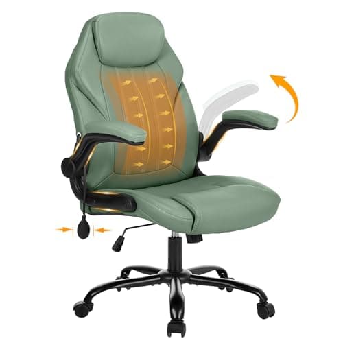 Office Desk Chair, Ergonomic Computer Chair with Padded Flip-Up Arms and Adjustable Lumbar Support, PU Leather Executive Chair with Tilt Lock and 360° Swivel Rolling Wheels for Work, Study