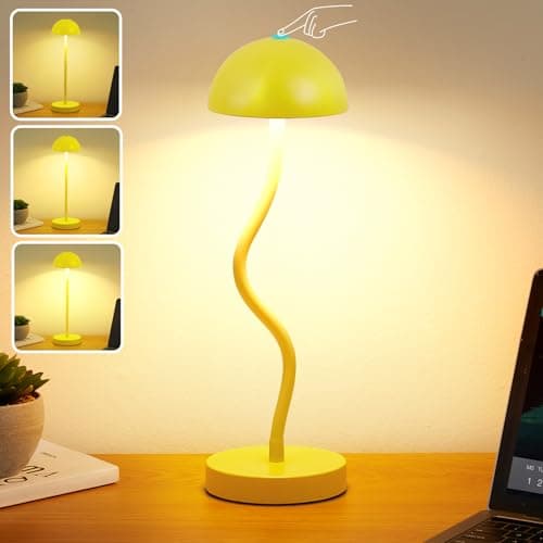 EJIAXIN Cordless Mushroom Lamp Rechargeable Table Lamp Cute 3-Way Dimmable LED Touch Gooseneck Desk Lamp Battery Operated Lights for Dorm Office Reading Aesthetic Home Decor - Yellow