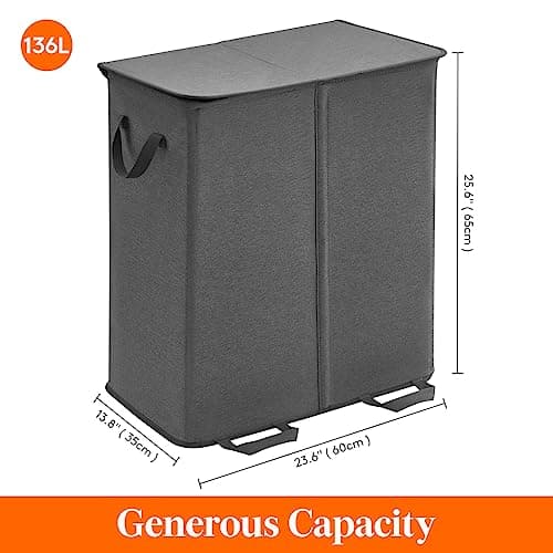 Lifewit Double Laundry Hamper with Lid and Removable Laundry Bags, Large Collapsible 2 Dividers Dirty Clothes Basket with Handles for Bedroom Laundry Room Closet Bathroom College, 136L Black 6