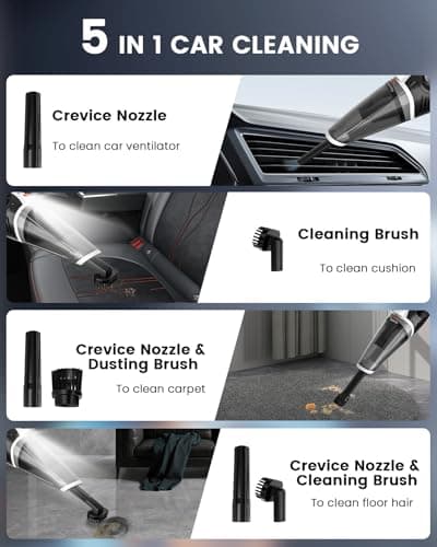 TANYO Handheld Vacuum Cordless Rechargeable, Car Vacuum Cleaner Portable 15KPA Strong Suction, Hand Held Brushless 5 in1 with LED Lights, Small Vacuum 120W for Car, Home, Office, Pet, Dust 6