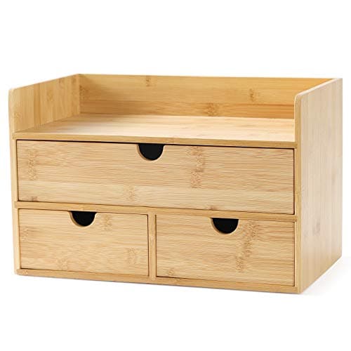 Wisuce Bamboo Desk Drawer Organizer, Desktop Organizer with Drawers Tabletop Storage Organization Box for Office Home Toiletries Supplies Vanity, No Assembly Required(1 with shelf-3 Drawers)