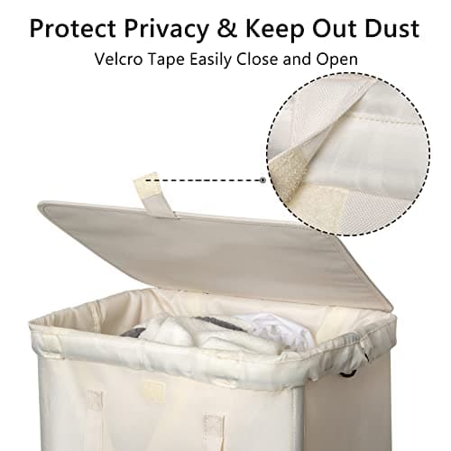 WOWLIVE 100L Laundry Hamper with Lid, Large Foldbale Laundry Basket with 2 Removable Bags and Handles, Tall Collapsible Dirty Clothes Hamper for Laundry Room, Bathroom, Dorm (Beige) 6
