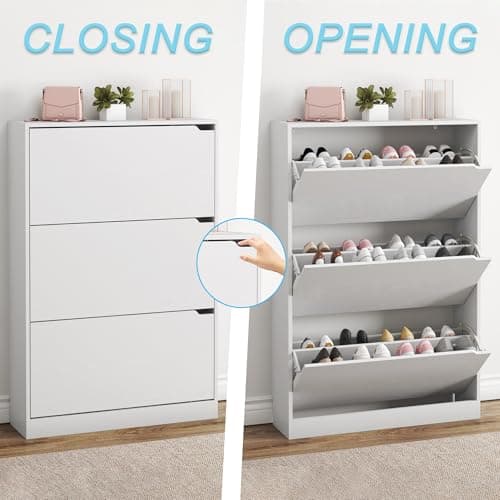 BORNOON Shoe Cabinet with 3 Flip Drawers, Hidden Wood Shoe Cabinet,Freestanding Shoe Storage Cabinet for Entryway Hallway.White. 47.2" H*31.5" W*9.45" D. 5