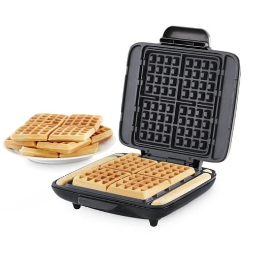 Dash No-Drip Waffle Maker - Makes Four Waffles at Once for Hassle-Free Breakfasts - Dual Nonstick Heating Plates & Quick Heat-Up System - Easy-Release Surface - Silver
