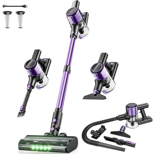 Cordless Vacuum Cleaner, 10-in-1 Stick Vacuum with Powerful Suction, Hose, Anti-Tangle Brush, Green LED Light, Lightweight Rechargeable Vacuum Cleaner for Home, Hardwood Floors, Carpets (Violet)