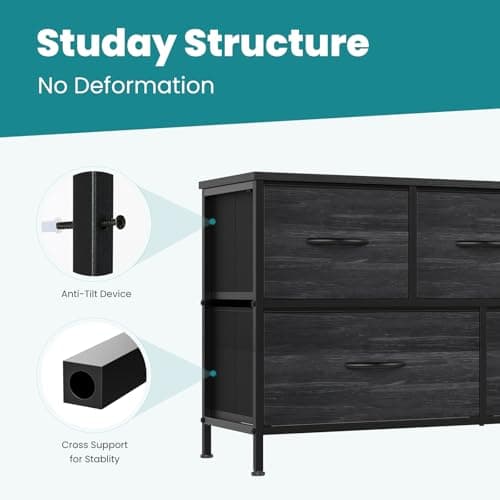 OLIXIS Dresser for Bedroom with 5 Drawers, Wide Chest of Drawers, Fabric Bedroom Dresser with Drawer Organizer, Storage Organizer Unit with Fabric Bins for Closet, Living Room, Hallway, Black Wood 7