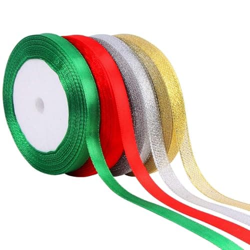 DECYOOL 4 Rolls 100 Yards Christmas Ribbons Metallic Glitter Fabric Holiday Festival Satin Ribbons 10mm Wide for Gift Wrapping Decoration