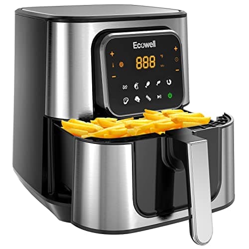 ECOWELL Air Fryer,Compact Large 6 Quart,Stainless Steel Air Fryer, 8 Food Presets,Touch Screen,BPA-Free, Up to 95% Less Oil*, Roast,Bake, Dry, Reheat,Broil, 120V,Dishwasher-Safe 1700W, Black, TXS5T2