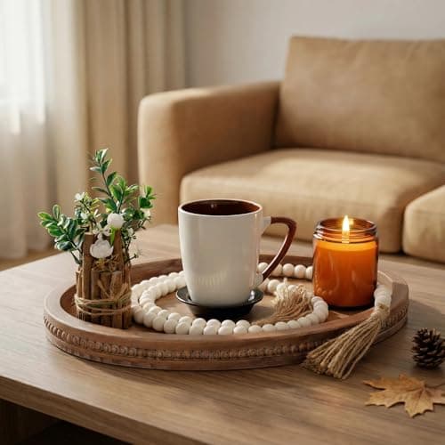 16" x 11.8" Oval Wood Decorative Tray with 58" Bead Garland, Farmhouse Coffee Table & Kitchen Island Décor, Rustic Brown Entryway Console Tray for Styling, Candles & Small Items 6