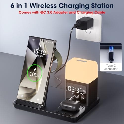 Wireless Charger for Samsung/Android,6 in 1 Alarm Clock Charging Station for Bedrooms with Bedside Clock Night Light for Samsung S25/S24/S23 Ultra/Buds,Watch Charger only for Galaxy Watch 8/7/6-Black 7