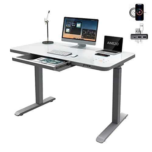 AIMEZO Glass Top Electric Standing Desk with Drawers, 45" Dual Motor Electric Height Adjustable Desk,Sit Stand Desk with Touch Control Panel&USB Port&USB Type-C/A Port&Wireless Charging